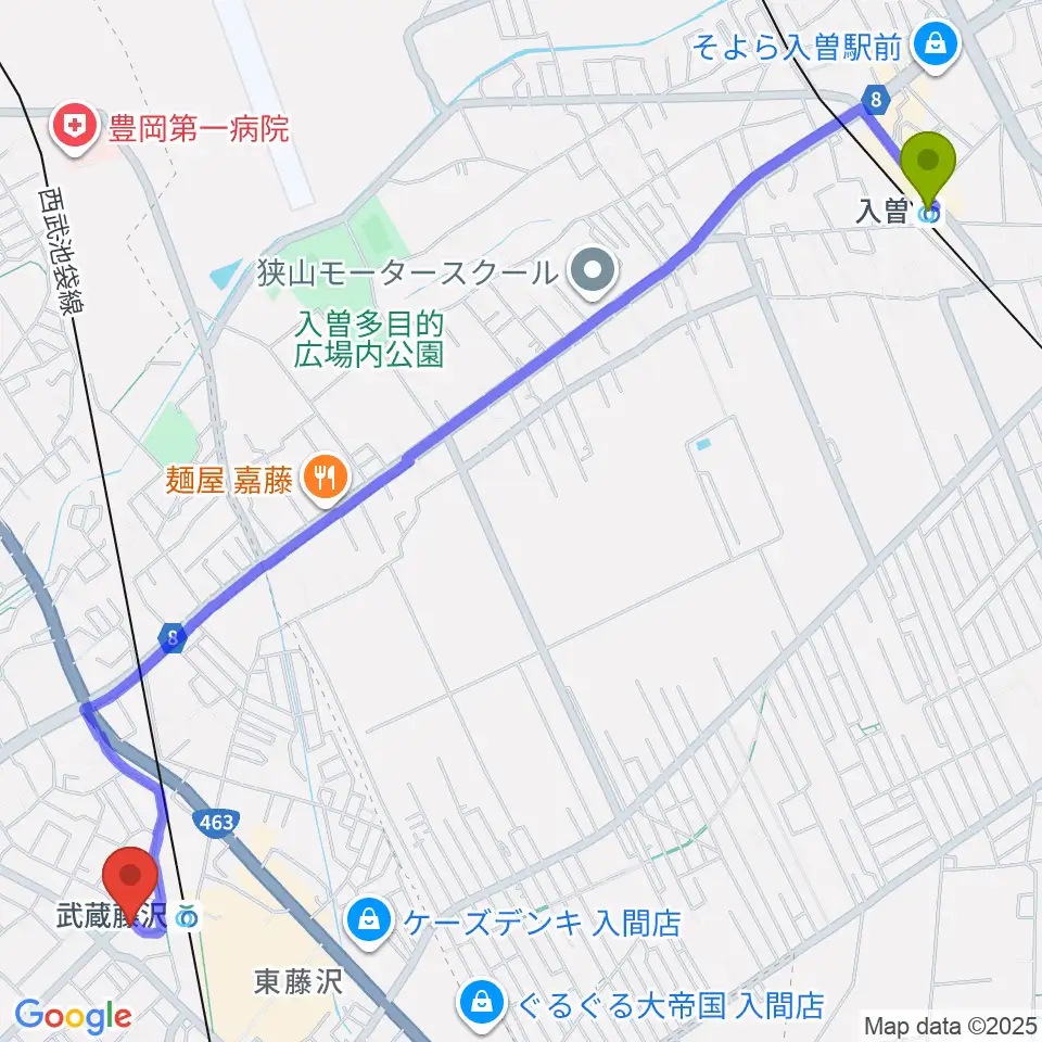 入曽駅から音降りそそぐ武蔵ホールへのルートマップ地図