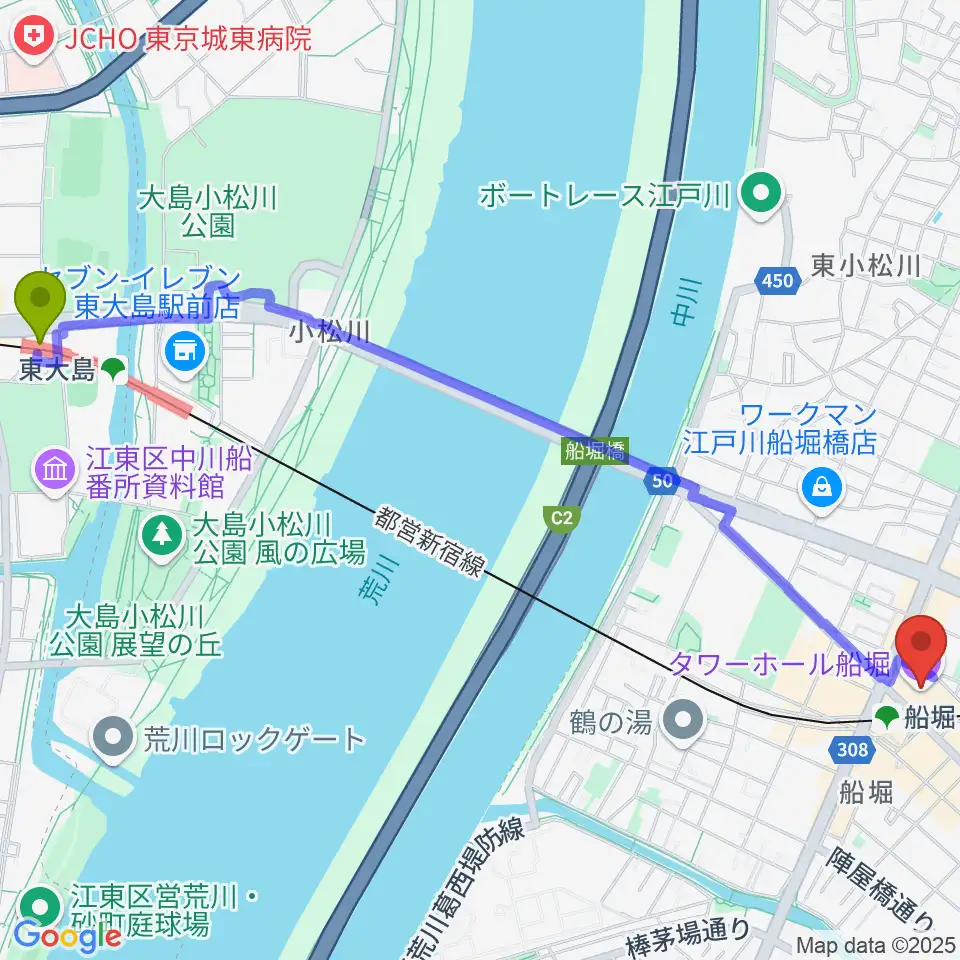 東大島駅からタワーホール船堀へのルートマップ地図