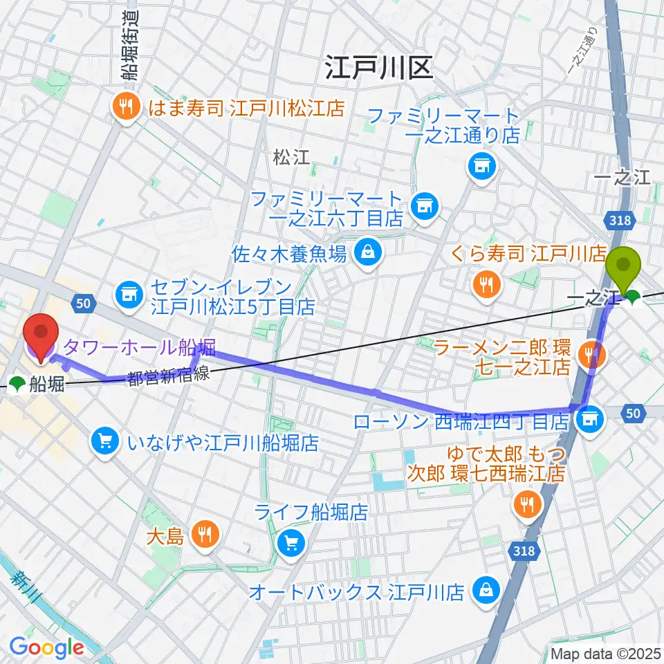 一之江駅からタワーホール船堀へのルートマップ地図