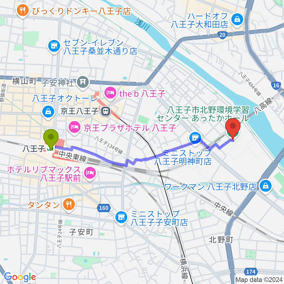 八王子駅からあったかホール 八王子市北野環境学習センターへのルートマップ地図