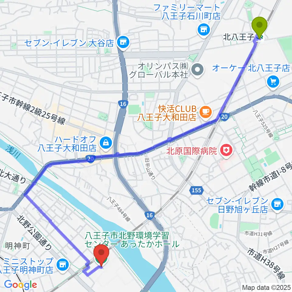 北八王子駅からあったかホール 八王子市北野環境学習センターへのルートマップ地図