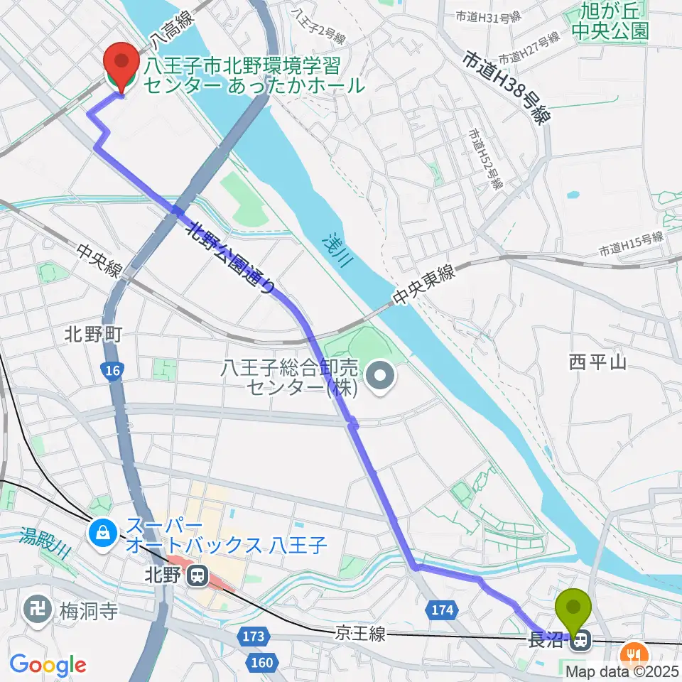 長沼駅からあったかホール 八王子市北野環境学習センターへのルートマップ地図