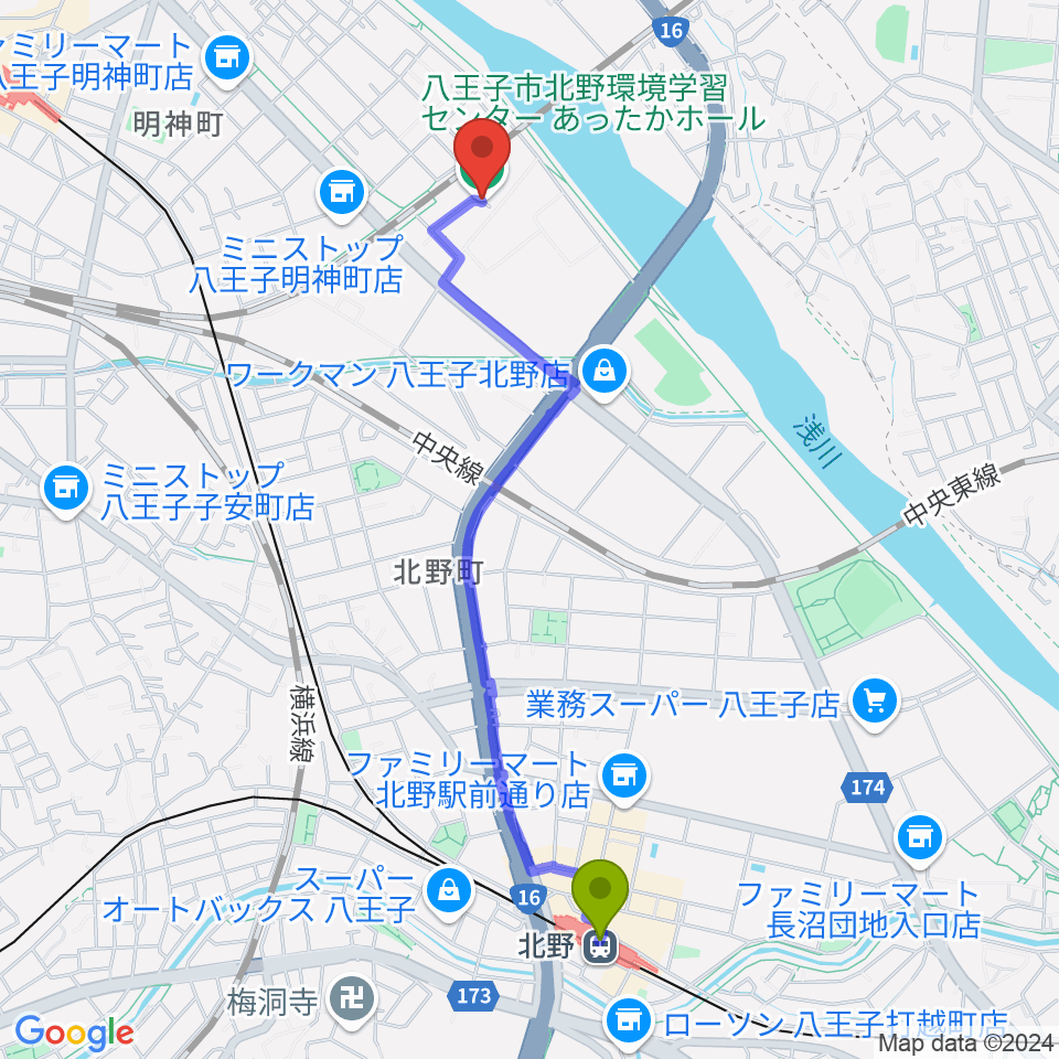 北野駅からあったかホール 八王子市北野環境学習センターへのルートマップ地図