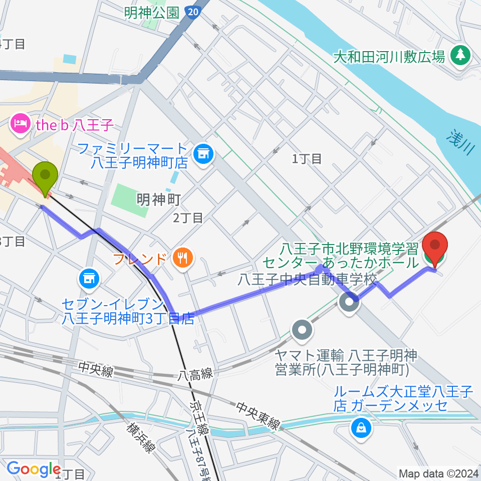 あったかホール 八王子市北野環境学習センターの最寄駅京王八王子駅からの徒歩ルート（約13分）地図