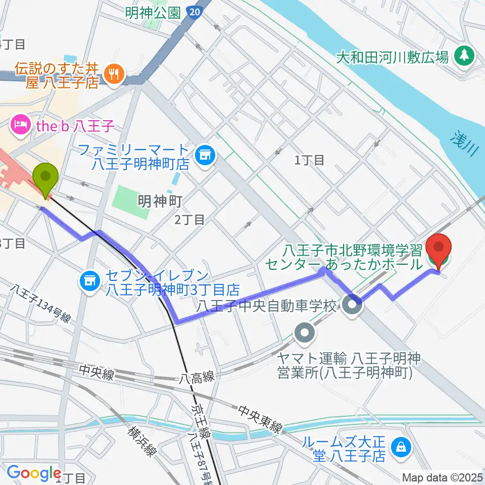 あったかホール 八王子市北野環境学習センターの最寄駅京王八王子駅からの徒歩ルート（約13分）地図