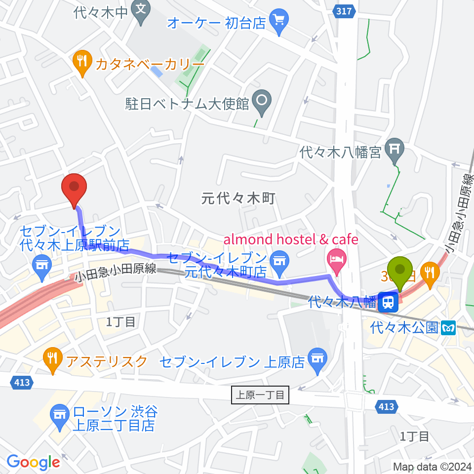代々木八幡駅からムジカーザへのルートマップ地図