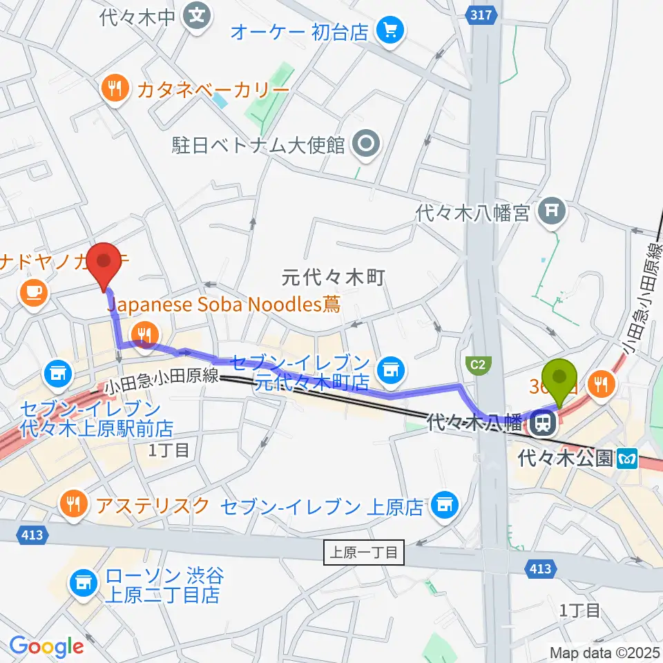代々木八幡駅からムジカーザへのルートマップ地図