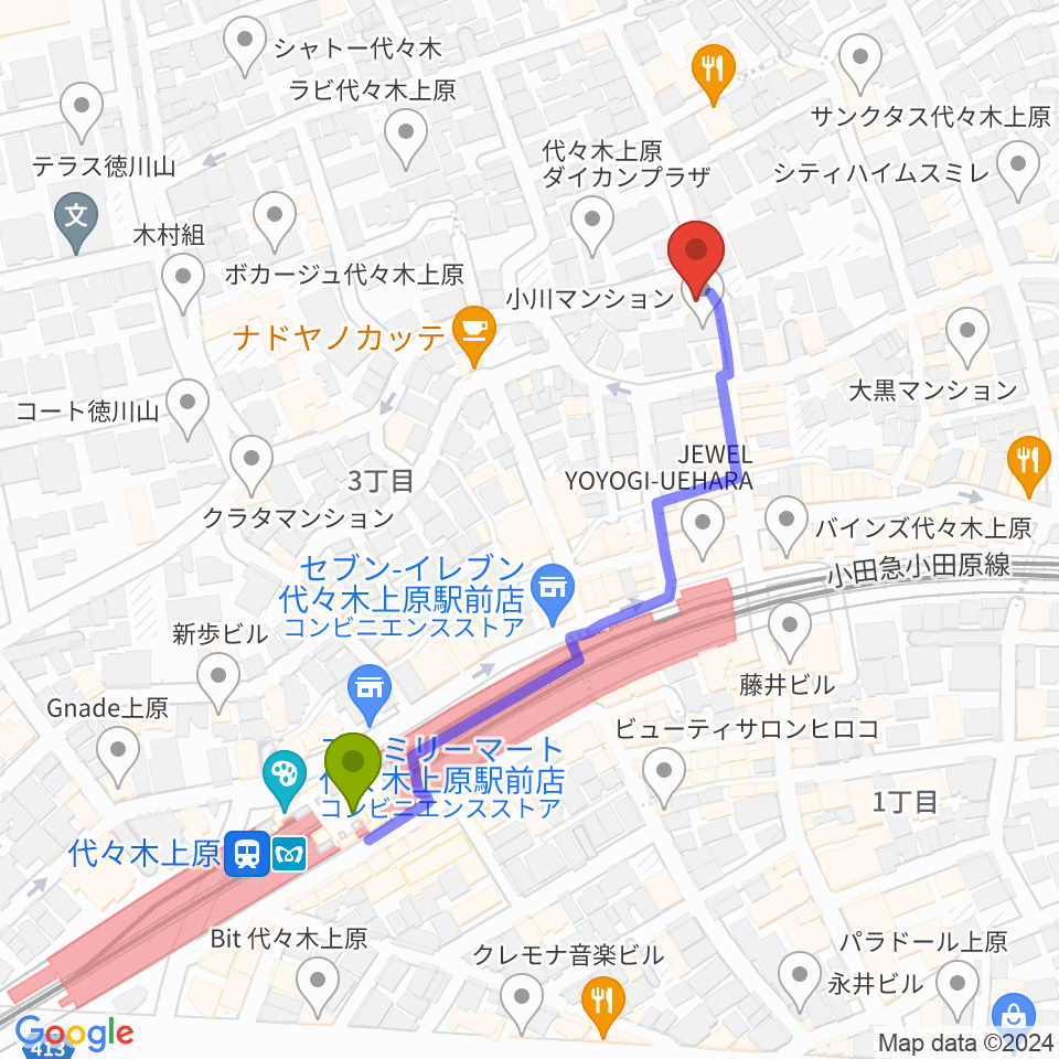ムジカーザの最寄駅代々木上原駅からの徒歩ルート（約5分）地図
