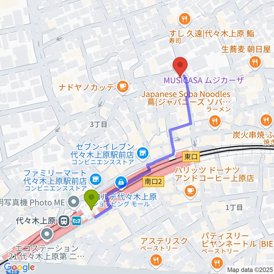 ムジカーザの最寄駅代々木上原駅からの徒歩ルート（約5分）地図