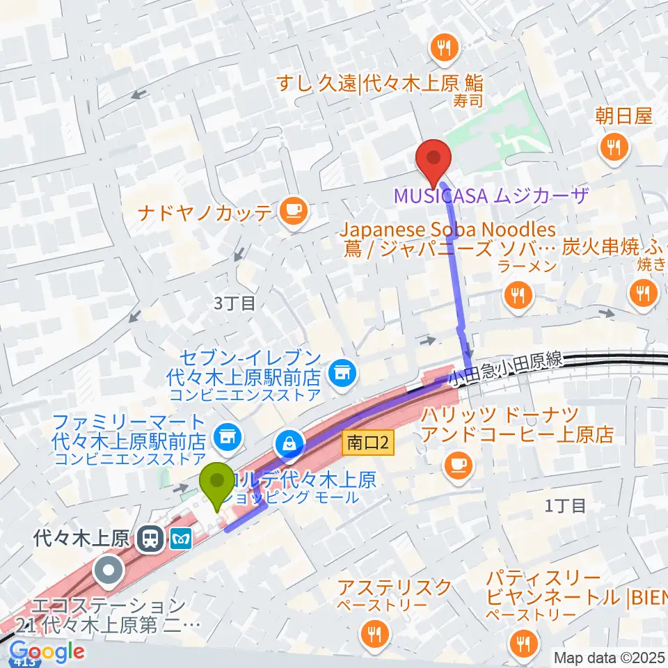 ムジカーザの最寄駅代々木上原駅からの徒歩ルート（約5分）地図