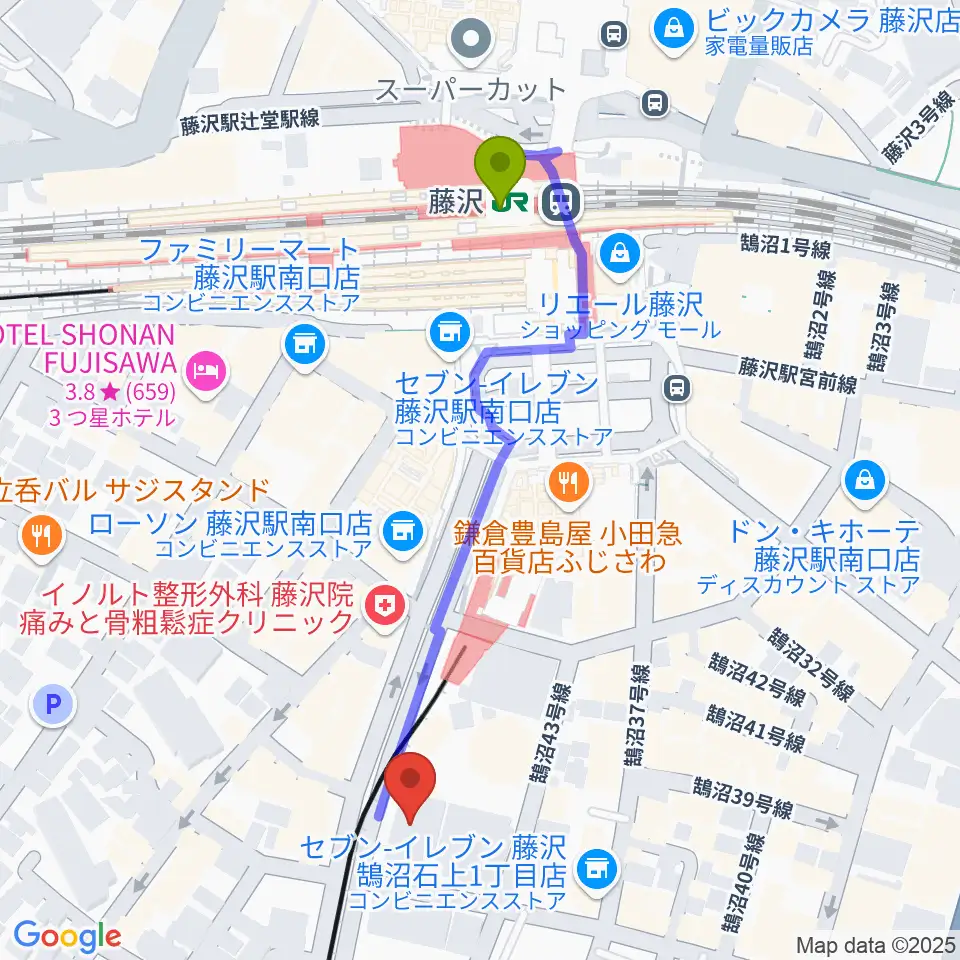 藤沢リラホールの最寄駅藤沢駅からの徒歩ルート（約5分）地図