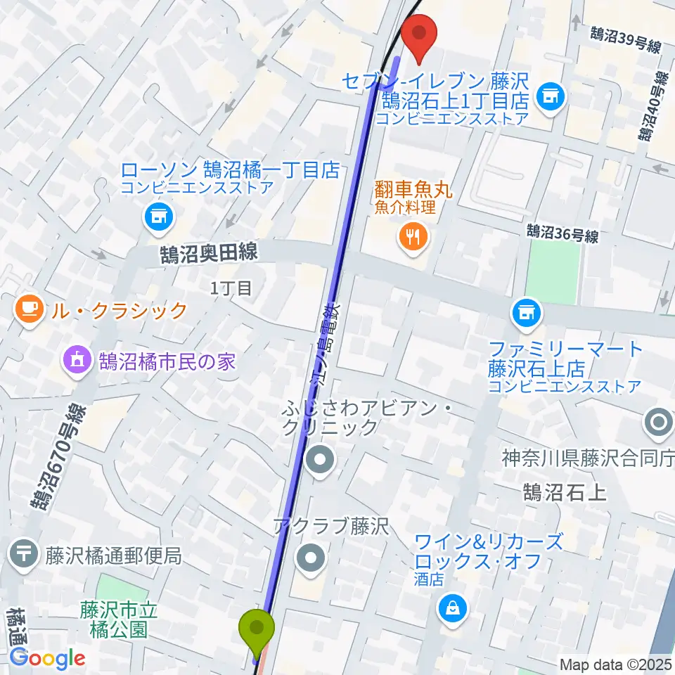 石上駅から藤沢リラホールへのルートマップ地図