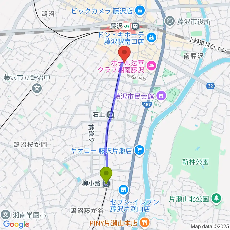 柳小路駅から藤沢リラホールへのルートマップ地図