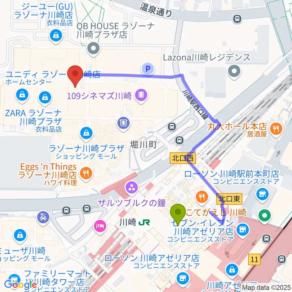 ラゾーナ川崎プラザソルの最寄駅川崎駅からの徒歩ルート（約5分）地図