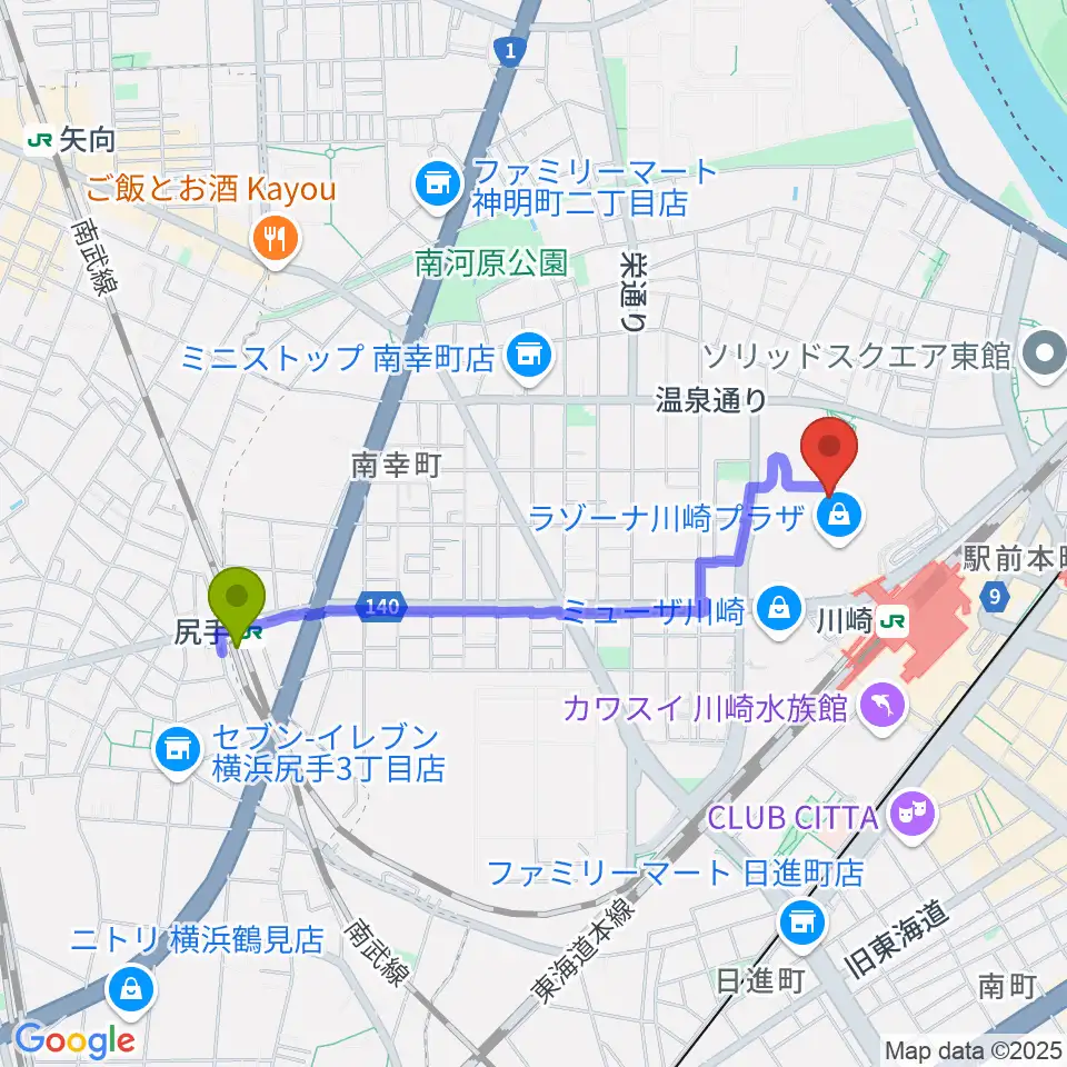 尻手駅からラゾーナ川崎プラザソルへのルートマップ地図