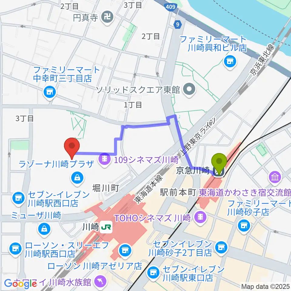 京急川崎駅からラゾーナ川崎プラザソルへのルートマップ地図