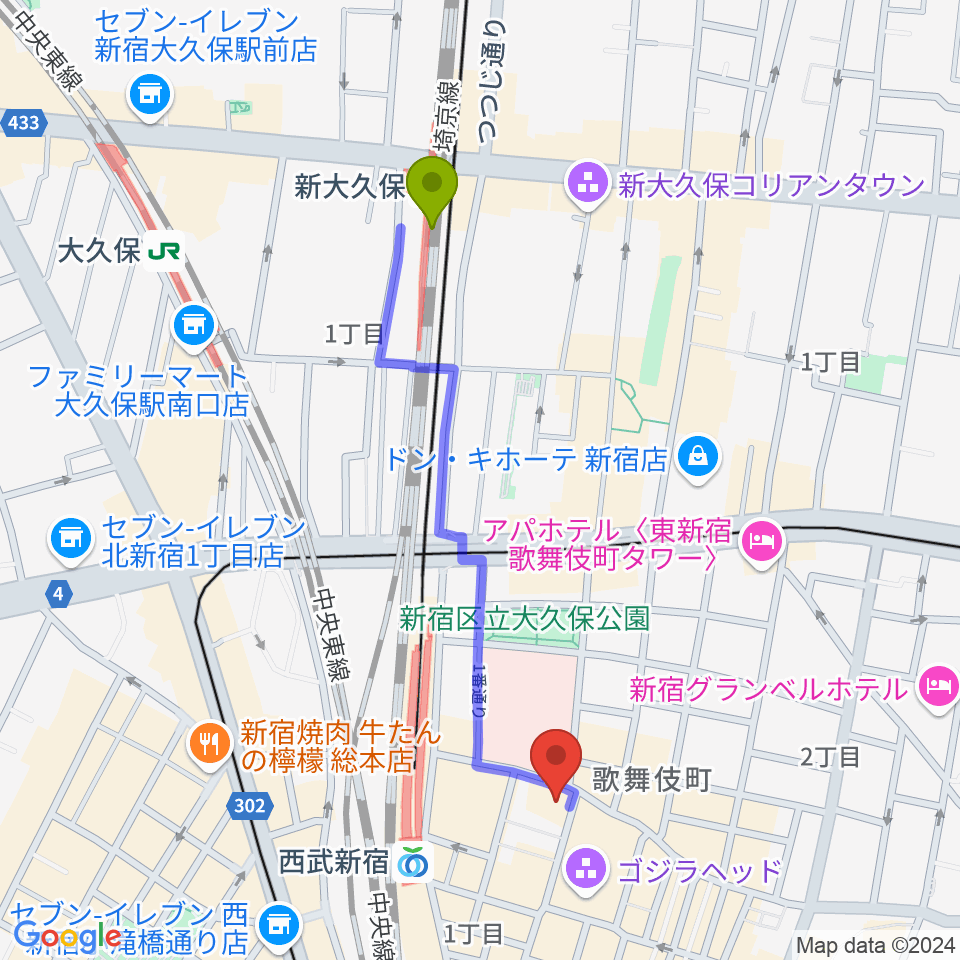 新大久保駅から新宿FACEへのルートマップ地図