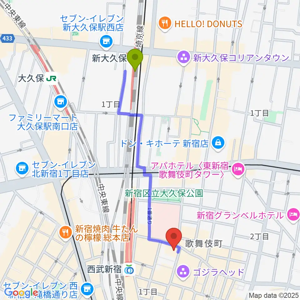 新大久保駅から新宿FACEへのルートマップ地図