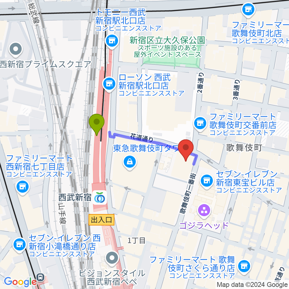 新宿FACEの最寄駅西武新宿駅からの徒歩ルート（約2分）地図