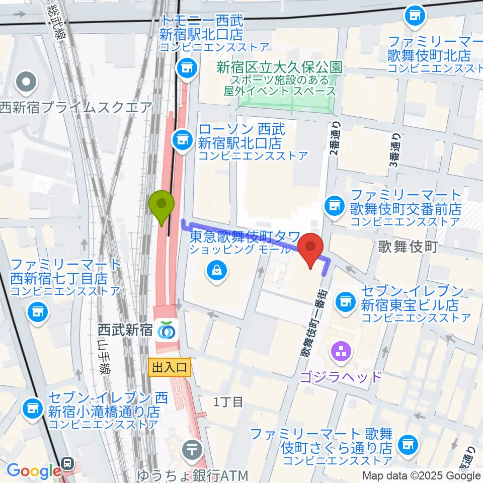 新宿FACEの最寄駅西武新宿駅からの徒歩ルート（約2分）地図