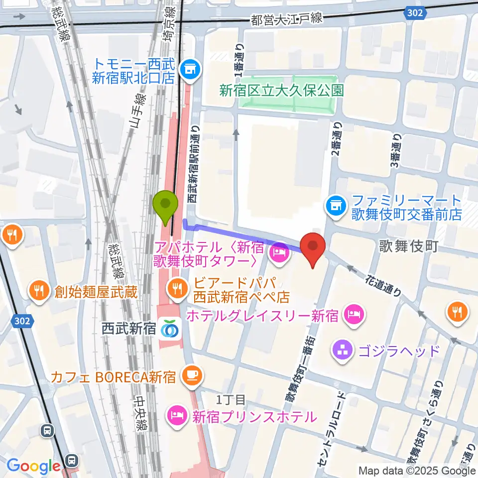 新宿FACEの最寄駅西武新宿駅からの徒歩ルート（約2分）地図