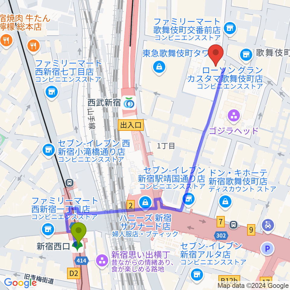 新宿西口駅から新宿FACEへのルートマップ地図