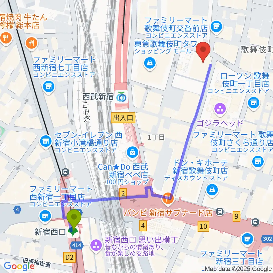 新宿西口駅から新宿FACEへのルートマップ地図