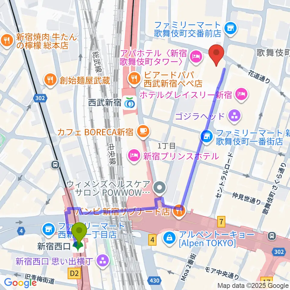 新宿西口駅から新宿FACEへのルートマップ地図
