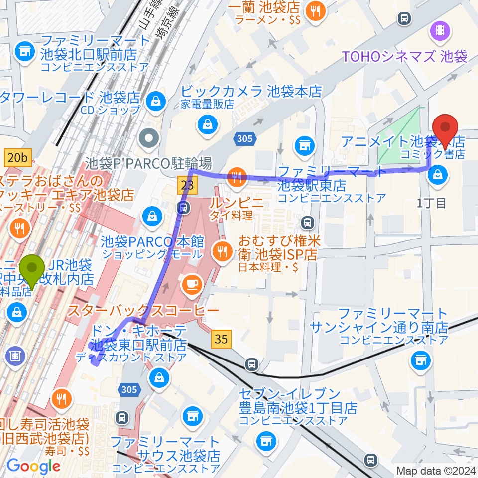 としま区民センターの最寄駅池袋駅からの徒歩ルート（約7分）地図