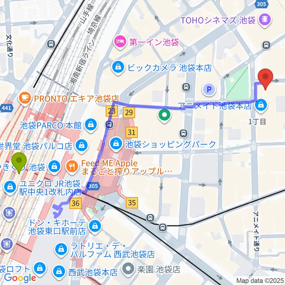 としま区民センターの最寄駅池袋駅からの徒歩ルート（約7分）地図