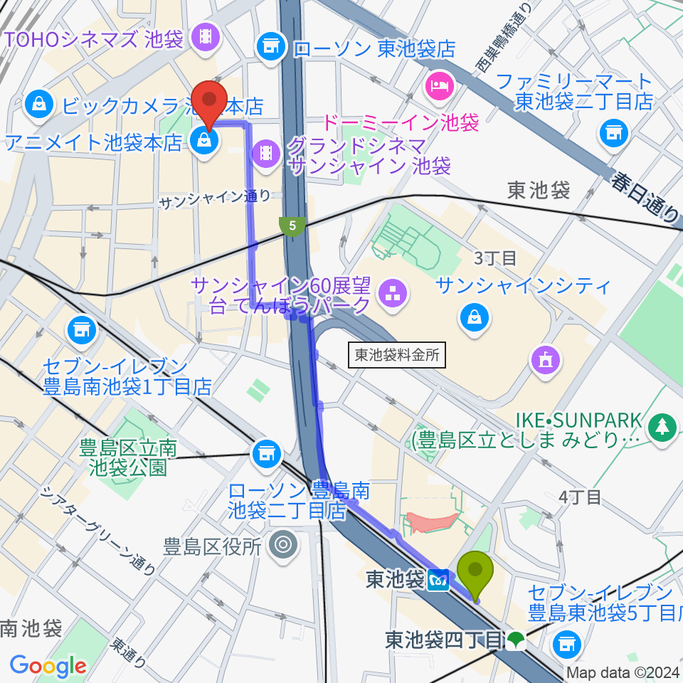 東池袋駅からとしま区民センターへのルートマップ地図