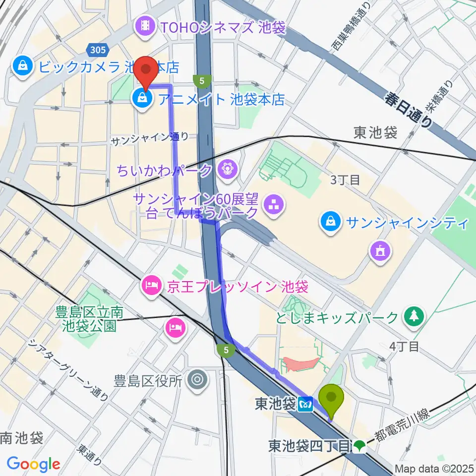 東池袋駅からとしま区民センターへのルートマップ地図