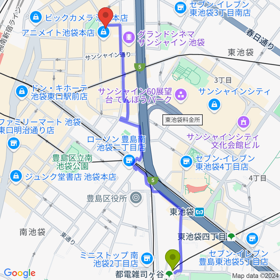 都電雑司ヶ谷駅からとしま区民センターへのルートマップ地図