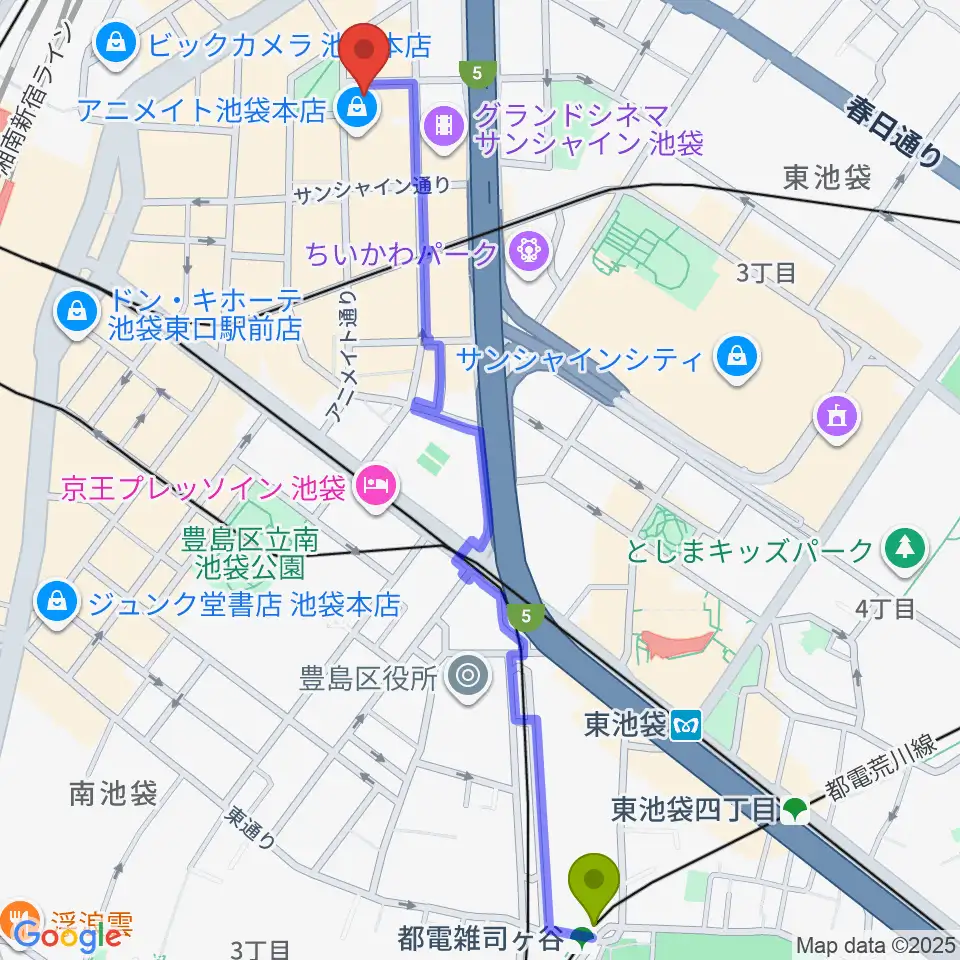 都電雑司ヶ谷駅からとしま区民センターへのルートマップ地図