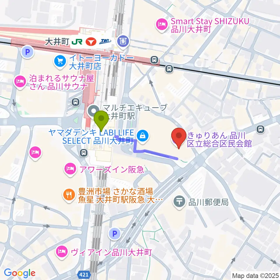 きゅりあん 品川区立総合区民会館の最寄駅大井町駅からの徒歩ルート（約2分）地図