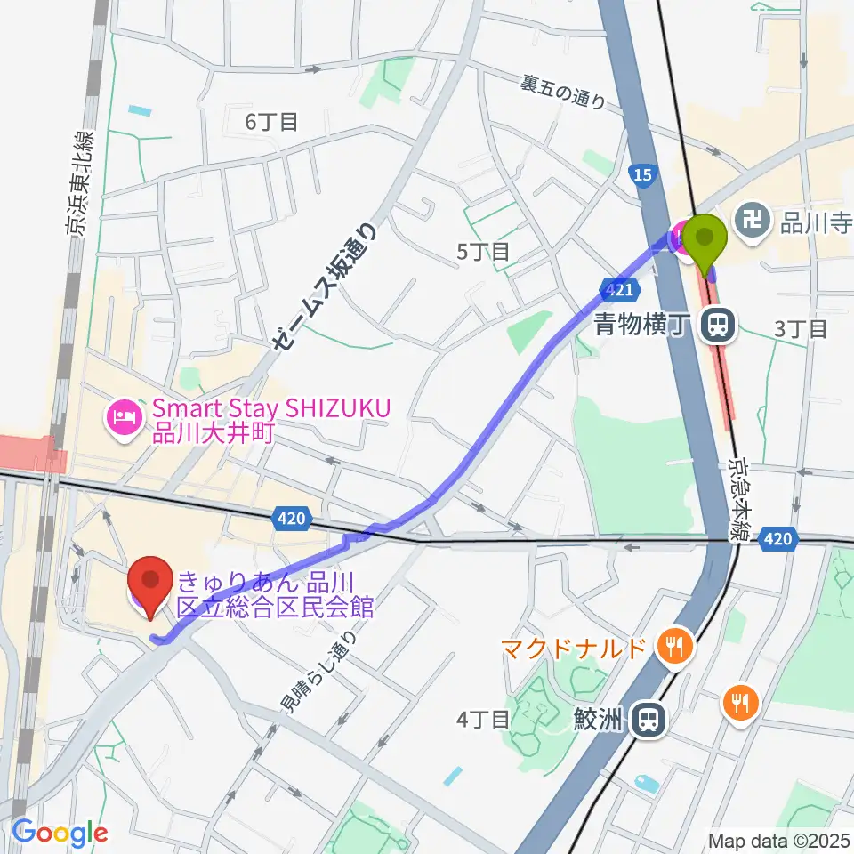 青物横丁駅からきゅりあん 品川区立総合区民会館へのルートマップ地図
