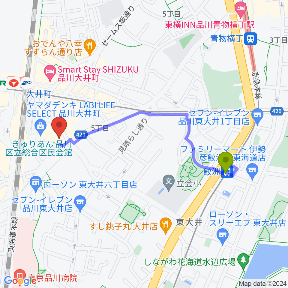 鮫洲駅からきゅりあん 品川区立総合区民会館へのルートマップ地図