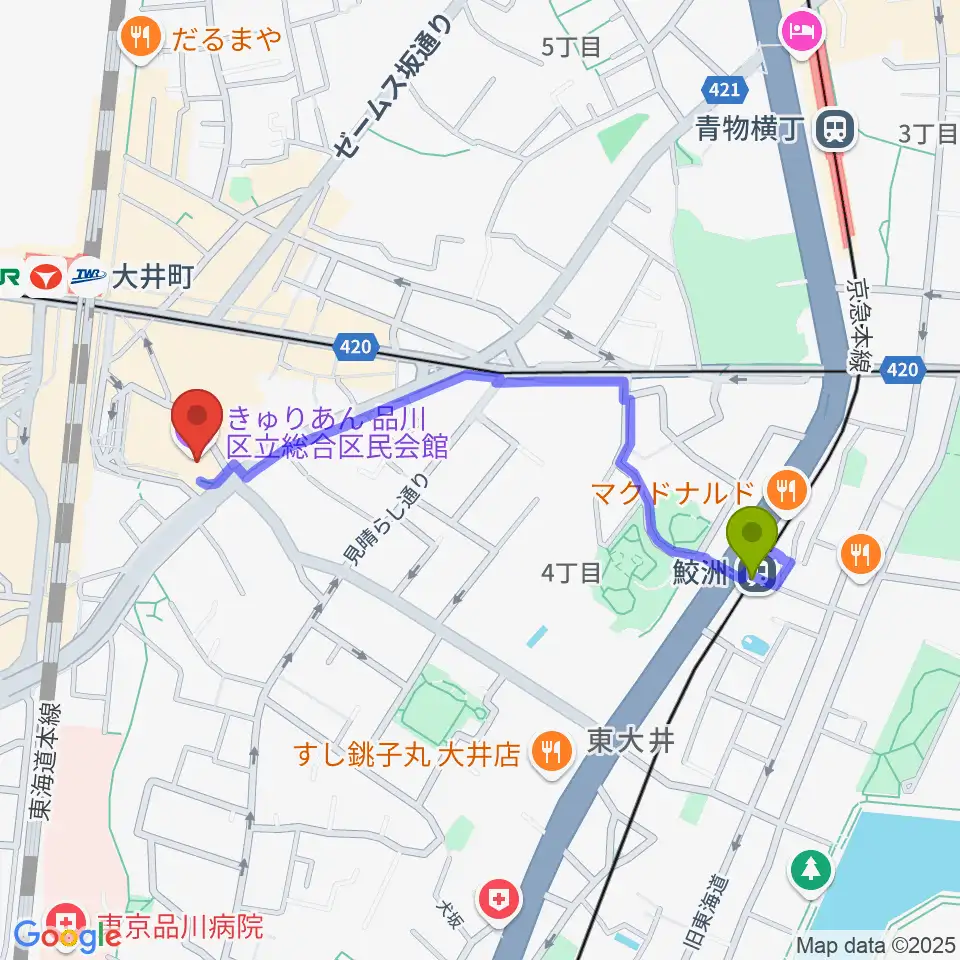 鮫洲駅からきゅりあん 品川区立総合区民会館へのルートマップ地図