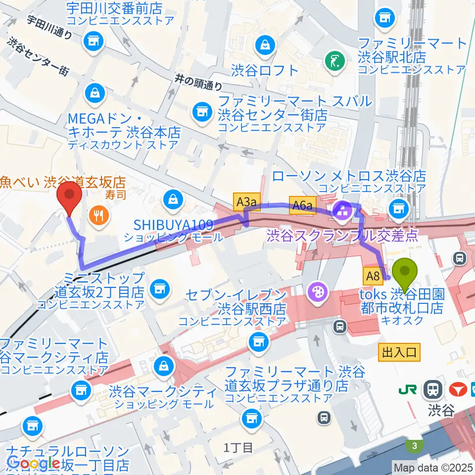 渋谷RUBY ROOMの最寄駅渋谷駅からの徒歩ルート（約6分）地図