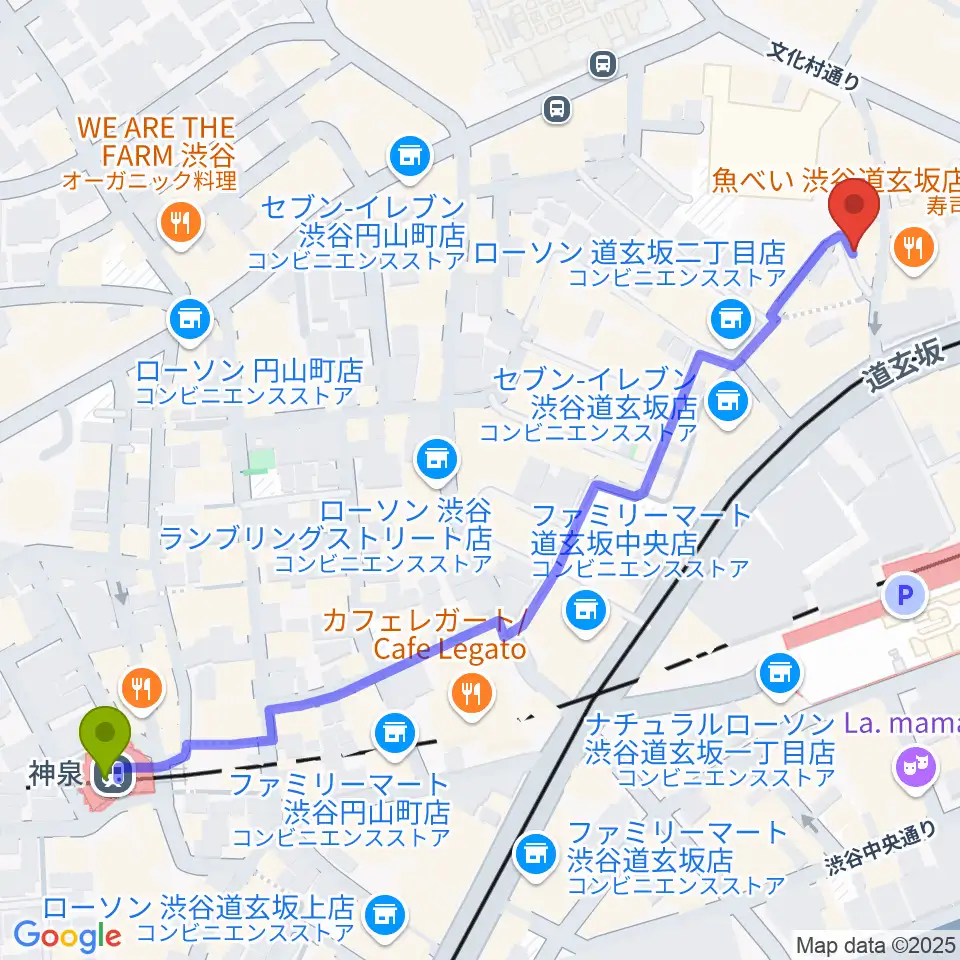 神泉駅から渋谷RUBY ROOMへのルートマップ地図