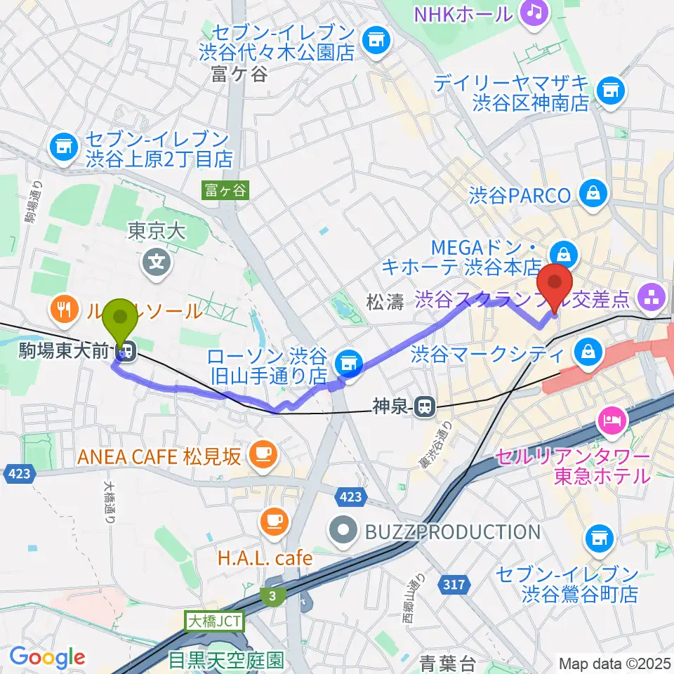 駒場東大前駅から渋谷RUBY ROOMへのルートマップ地図