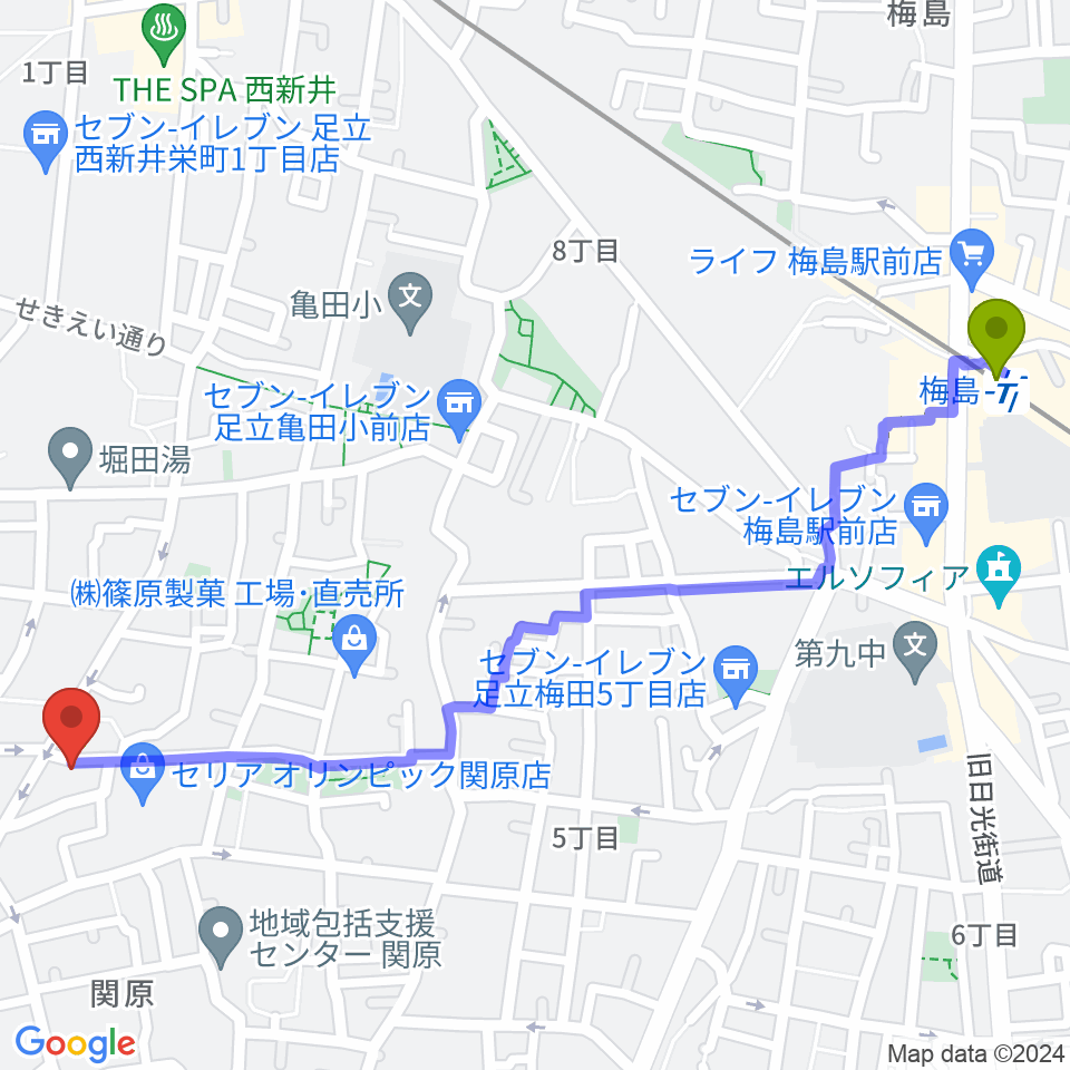 西新井カフェ・クレールの最寄駅梅島駅からの徒歩ルート（約15分）地図