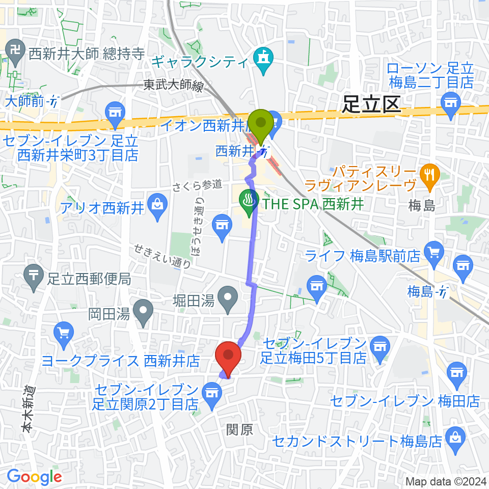 西新井駅から西新井カフェ・クレールへのルートマップ地図