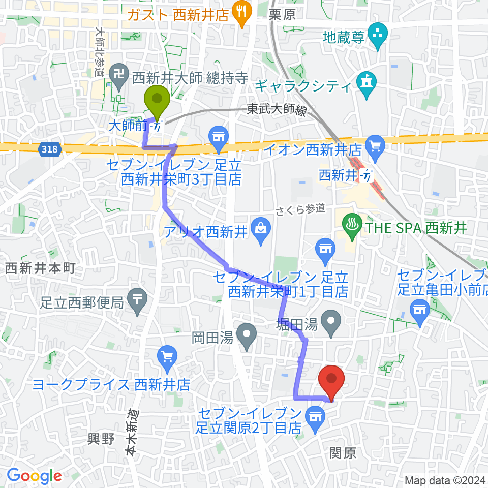 大師前駅から西新井カフェ・クレールへのルートマップ地図
