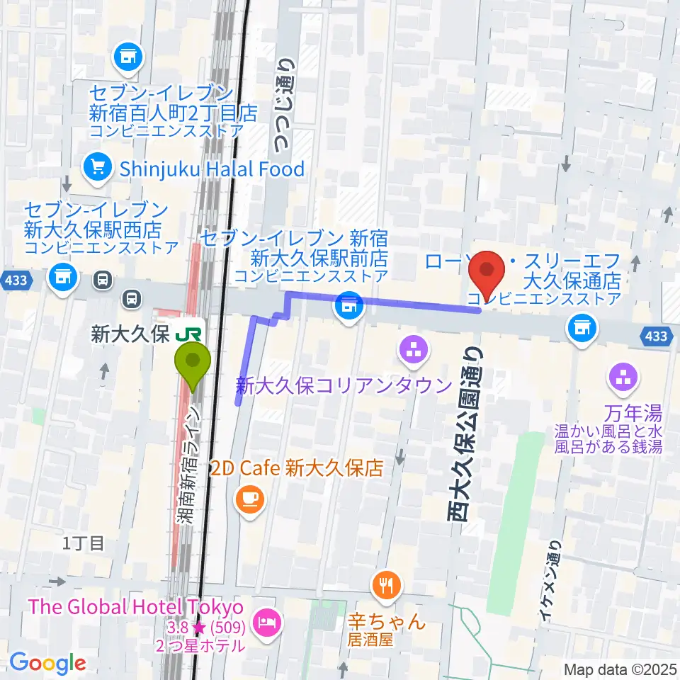 新大久保アースダムの最寄駅新大久保駅からの徒歩ルート（約4分）地図