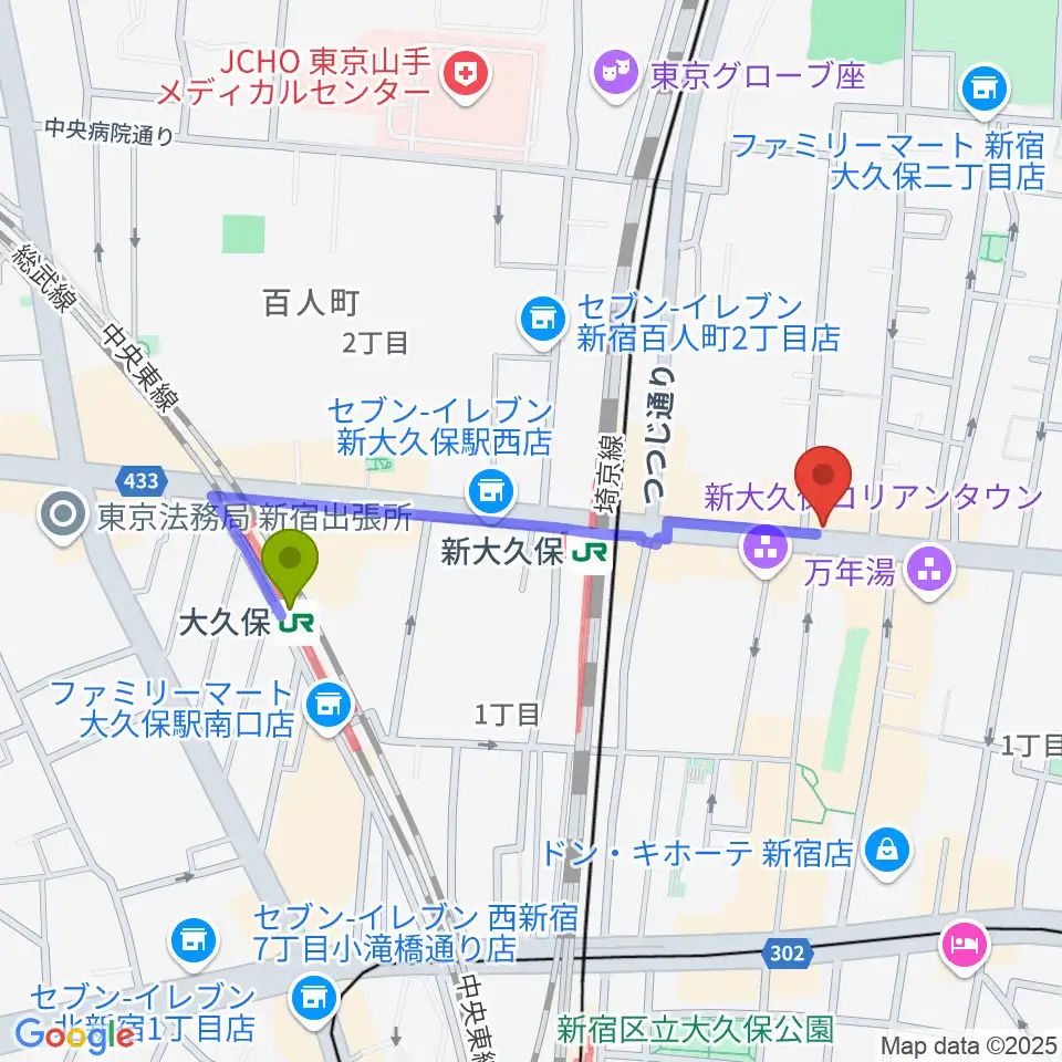 大久保駅から新大久保アースダムへのルートマップ地図