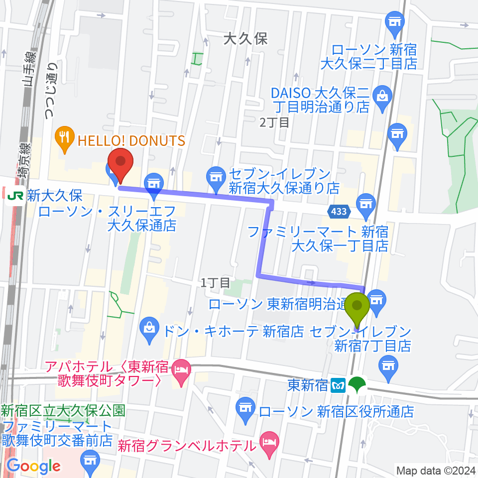 東新宿駅から新大久保アースダムへのルートマップ地図