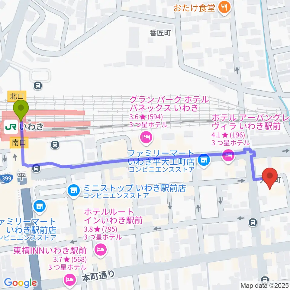 いわきソニックの最寄駅いわき駅からの徒歩ルート（約7分）地図