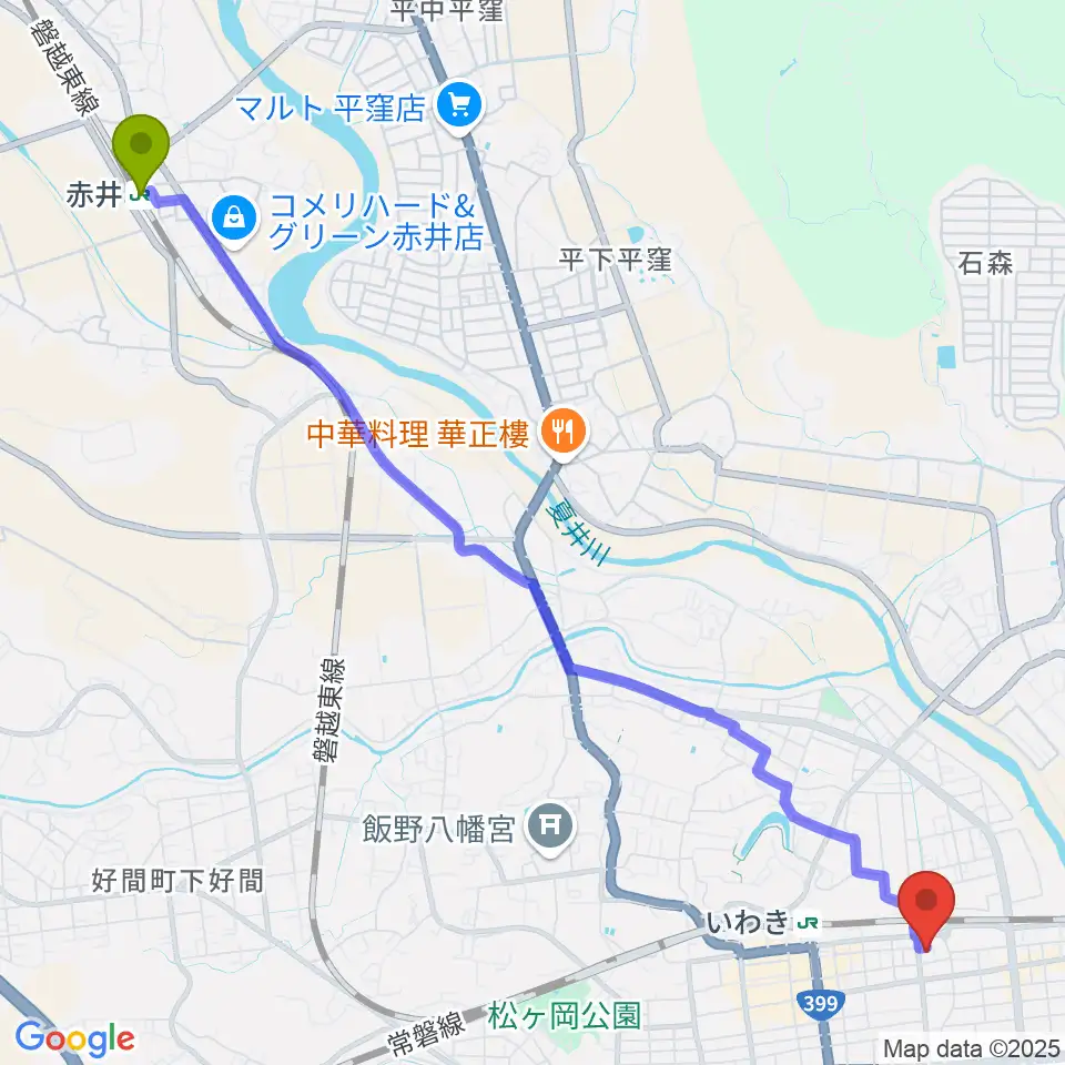 赤井駅からいわきソニックへのルートマップ地図