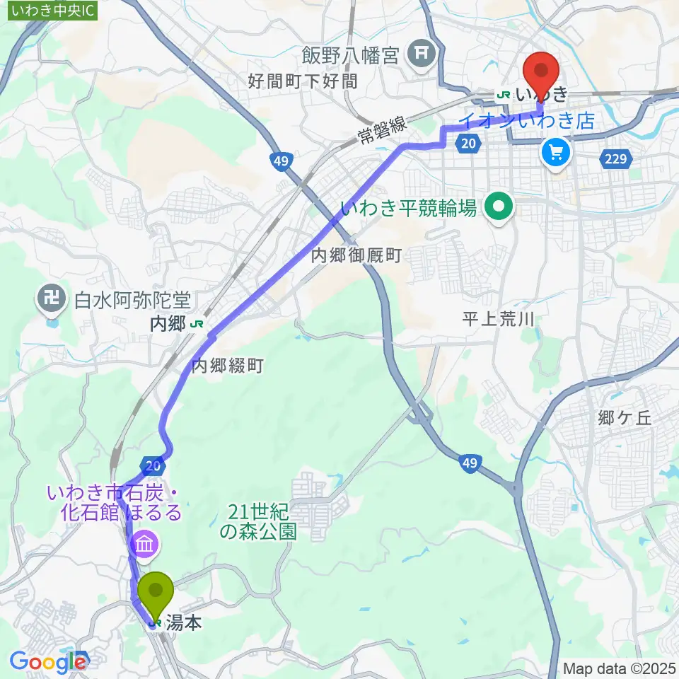 湯本駅からいわきソニックへのルートマップ地図